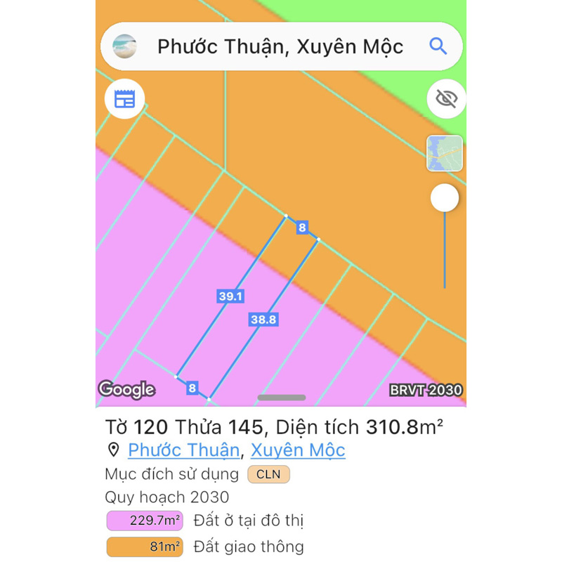 gBán đất 2 mặt tiền, sổ hồng có 30m2 đất thổ cư, cách phố đi bộ Hồ Tràm – cách biển 300m, đường kênh suối 24m, ngay thị trấn Hồ Tràm, Phước Thuận, Xuyên Mộc, dt: 7x47m, giá 5.4 tỷ